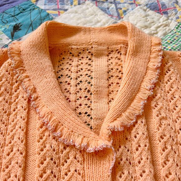 Vintage 40s/50s Creamsicle Hand Knit Ruffled Peaked Puff Sleeve Cardigan Sweater - Picture 3 of 6